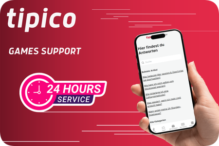 Tipico Games Support – 24 Stunden Service, Smartphone mit Support-Übersicht und Hilfeseiten