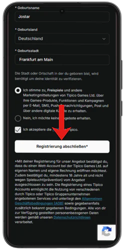 Tipico Casino Geburtsort angeben und Bedingungen akzeptieren