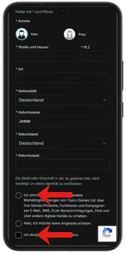 Tipico Casino Geburtsort angeben und Bedingungen akzeptieren
